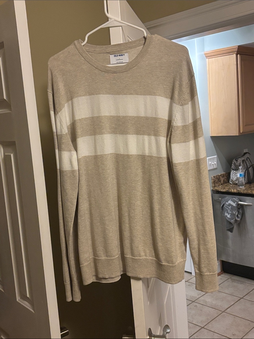 Old Navy Men's Beige and White Striped Crewneck Sweater